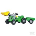   Rolly Kiddy Futura zöld fellépős traktor homlokrakodóval és pótkocsival